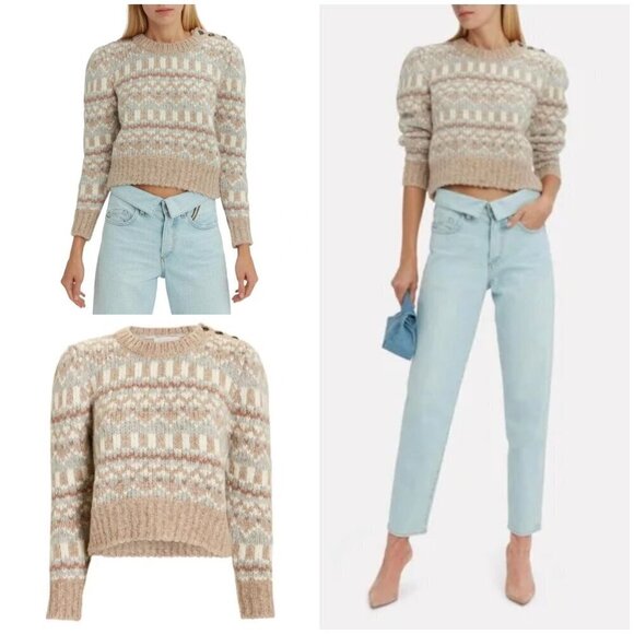 💕LOVESHACKFANCY💕 Cropped Fair Isle Sweater ~ Alpaca Wool Blend Tan Print Small - Picture 1 of 15